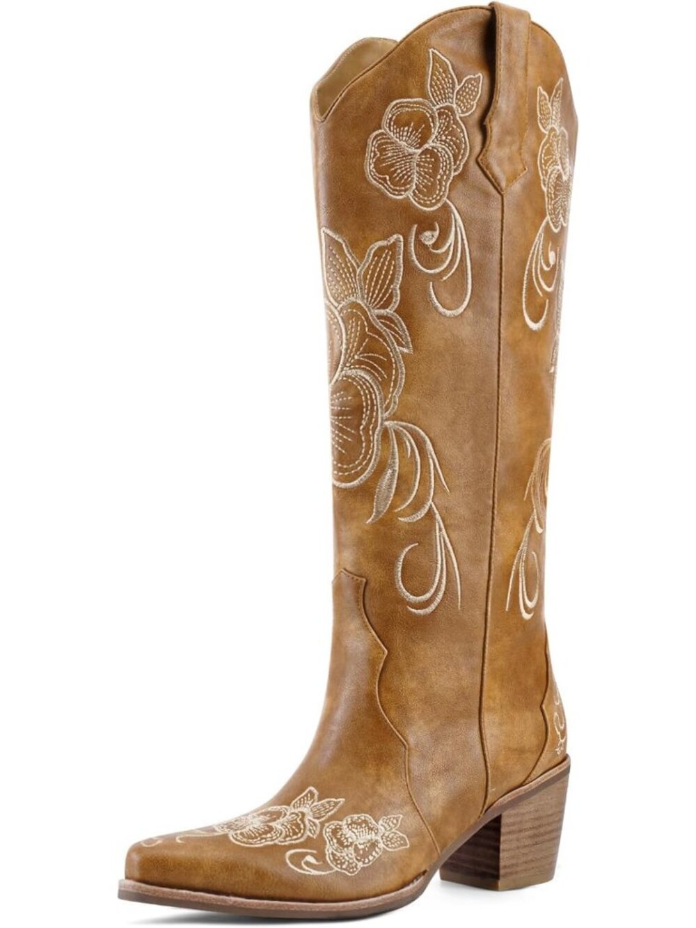 Women Light Brown Faux Leather Western Pointed Toe Cowgirl Chunky Block Heel